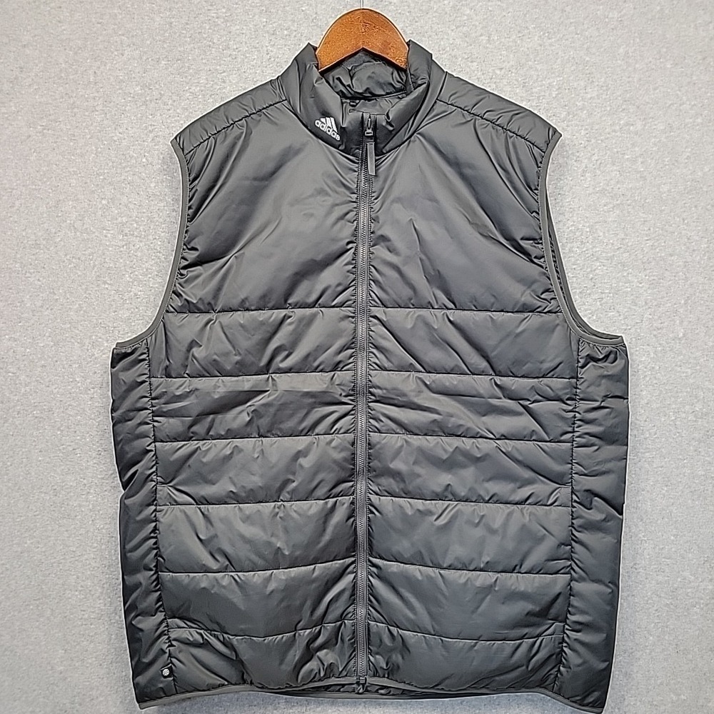 ADIDAS Puffer Vest Men's 2XL Gray Three Stripe Logo Sporty Eco Friendly Material